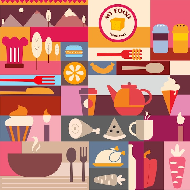 diseño plano de fondo utilizando el arte de diseño de forma vectorial de mercado y restaurante