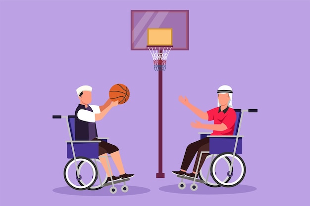 Diseño plano gráfico dibujando alegre hombre árabe discapacitado en silla de ruedas jugando baloncesto en la cancha de baloncesto Responsabilidad y deportes adaptativos para personas discapacitadas Ilustración de vector de estilo de dibujos animados