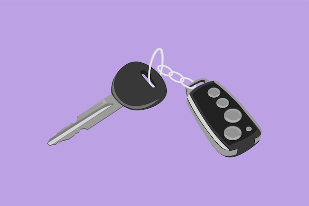 Diseño plano gráfico dibujando llaves de coche realistas color negro aislado sobre fondo azul Conjunto de llaves electrónicas de coche vista delantera y trasera y símbolo del logotipo del sistema de alarma Ilustración vectorial de estilo dibujos animados
