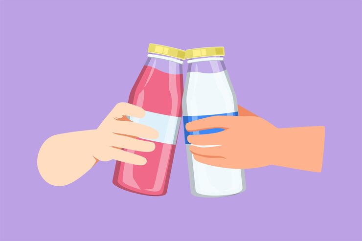 Vector diseño plano gráfico dibujando saludos y brindis con leche fresca brindis con dos manos con una botella de leche láctea hombre y mujer disfrutando de una bebida juntos estilo de vida saludable ilustración vectorial de estilo dibujos animados