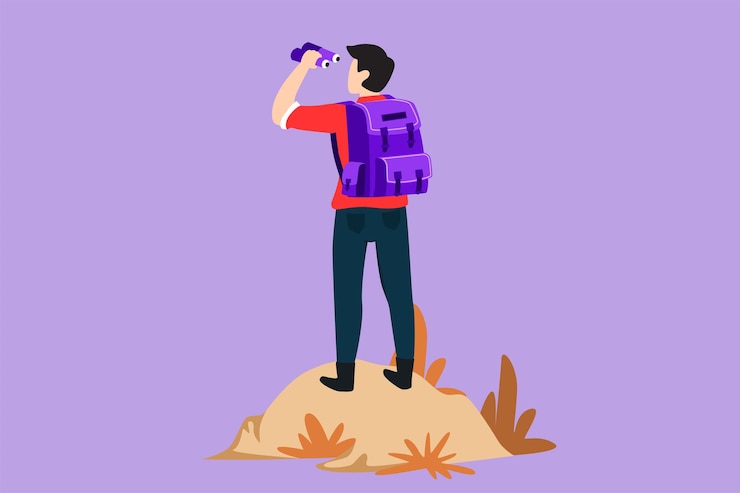 Vector diseño plano gráfico dibujando vista trasera de un hombre con binoculares de mochila en verano paisaje de montaña actividad al aire libre viaje camping viaje de mochila expedición ilustración vectorial de estilo dibujos animados