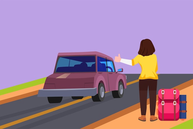 Diseño plano gráfico dibujando vista trasera de una mujer con mochila viajando por parada automática Con el pulgar hacia arriba la carretera Vacaciones y concepto de viaje para el logotipo del icono de la pancarta del sitio web Ilustración vectorial de estilo de dibujos animados