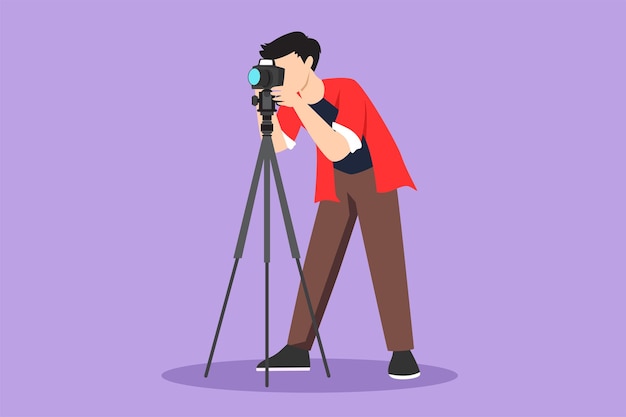 Diseño plano gráfico dibujo estilizado paparazzi masculino o fotógrafo mirando hacia abajo y disparando apariencia de estrellas del mundo del espectáculo u otras celebridades con logotipo de trípode Ilustración vectorial de estilo dibujos animados
