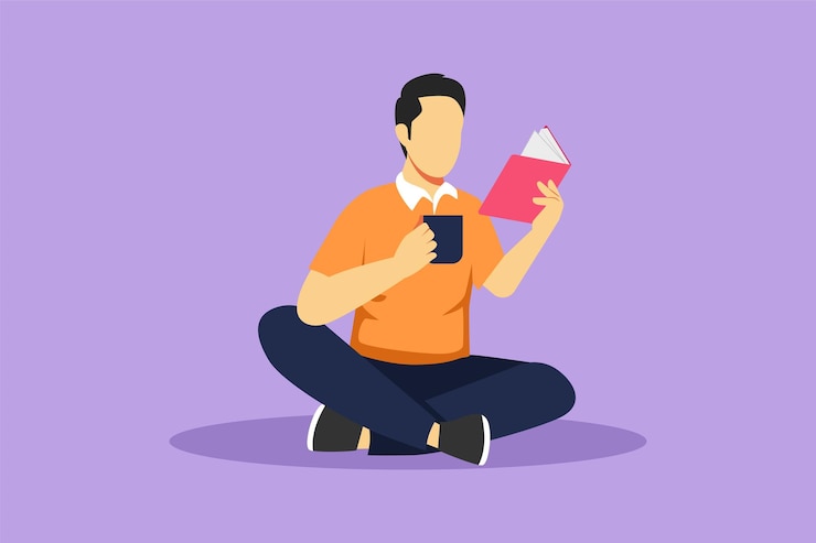 Vector diseño plano gráfico dibujo estudiante inteligente preparándose para el examen joven estudiando leyendo libros de texto beber taza de café lector sentado en el suelo aprendiendo en la biblioteca ilustración de vector de estilo de dibujos animados