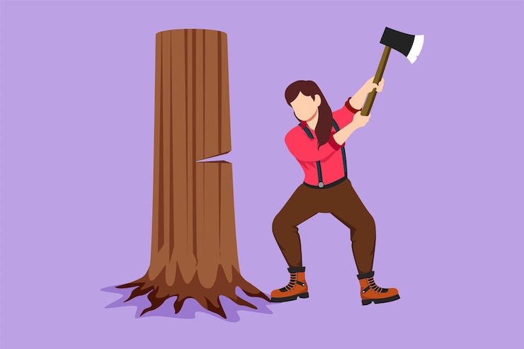 Vector diseño plano gráfico dibujo mujer leñador con un hacha cortando madera leñador cortando árbol con hacha usando camisa botas de jeans mujer bonita con árbol cortado con hacha ilustración vectorial de estilo dibujos animados