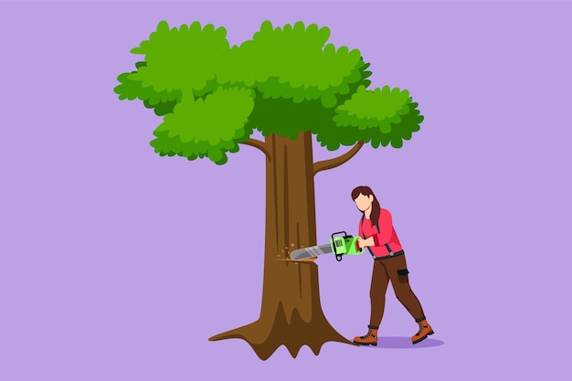 Vector diseño plano gráfico mujer leñadora aserradora árbol de troncos en el bosque trabajadora de la industria de la madera con sierra en las manos mujer leñadora corta madera leñadora ocupación ilustración vectorial de estilo dibujos animados