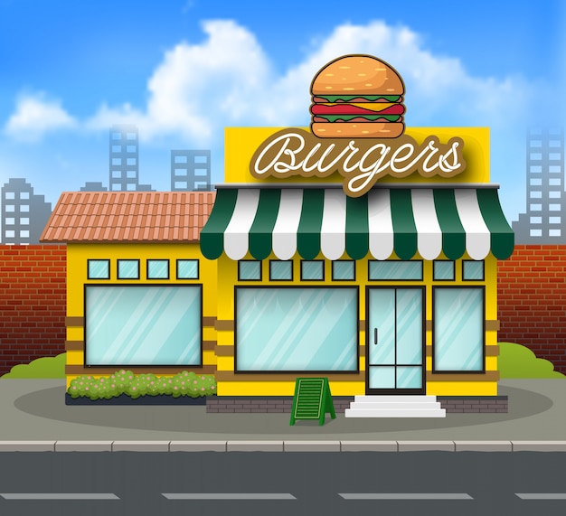 Diseño plano hamburguesa frente tienda