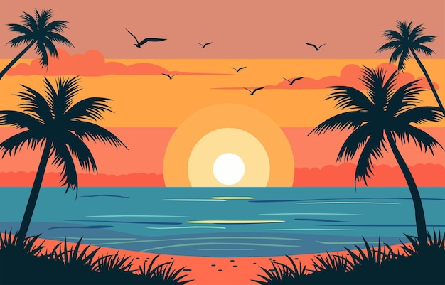 Diseño plano de un hermoso paisaje de playa con palmeras al atardecer