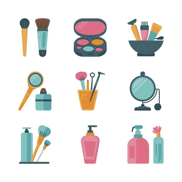 Diseño plano de herramientas de belleza y accesorios de maquillaje Colección de íconos