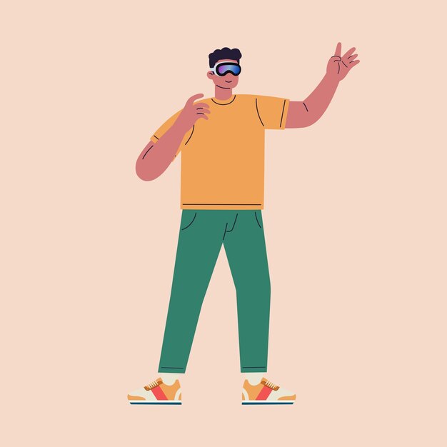 Diseño plano hombre que usa un dispositivo de realidad virtual ilustración