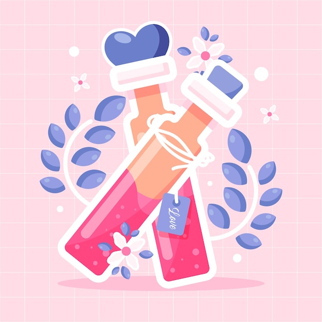 Diseño plano de ilustración de poción de amor con corazones