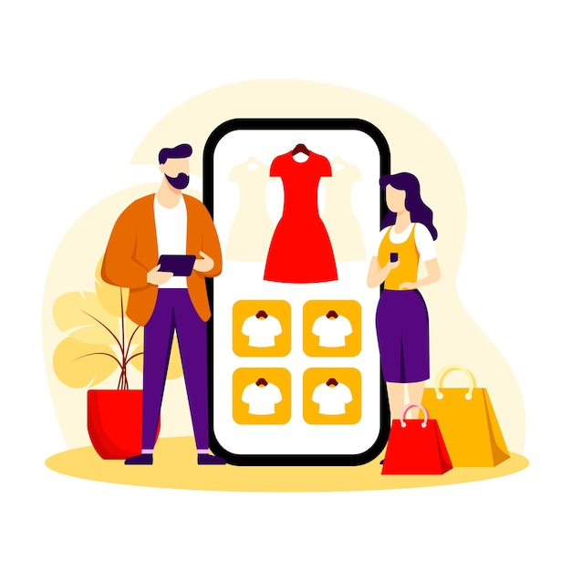 Diseño plano de ilustraciones vectoriales conceptuales de plantillas de aplicaciones móviles para anuncios de compras en línea