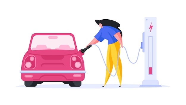 Diseño plano de imagen con personaje femenino cargando automóvil moderno