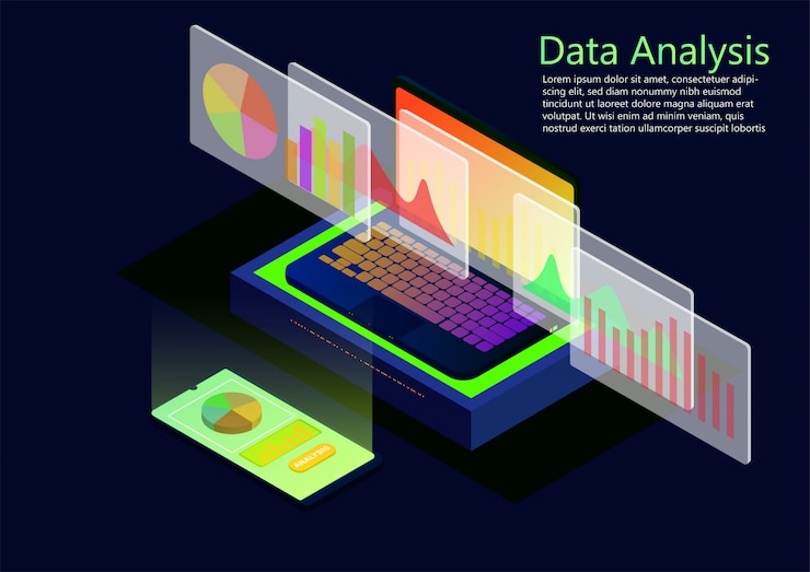 Vector diseño plano isométrico de datos de análisis e inversión.