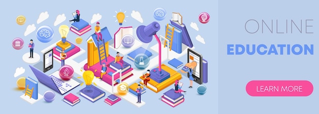 Diseño plano isométrico para educación en línea Gráficos vectoriales modernos para el sitio web de plataformas de aprendizaje electrónico