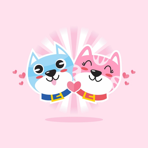 Diseño plano lindo gato pareja personaje dibujos animados ilustración