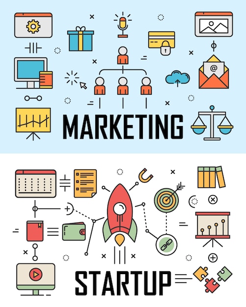 diseño plano de línea delgada Banners de marketing y concepto de inicio