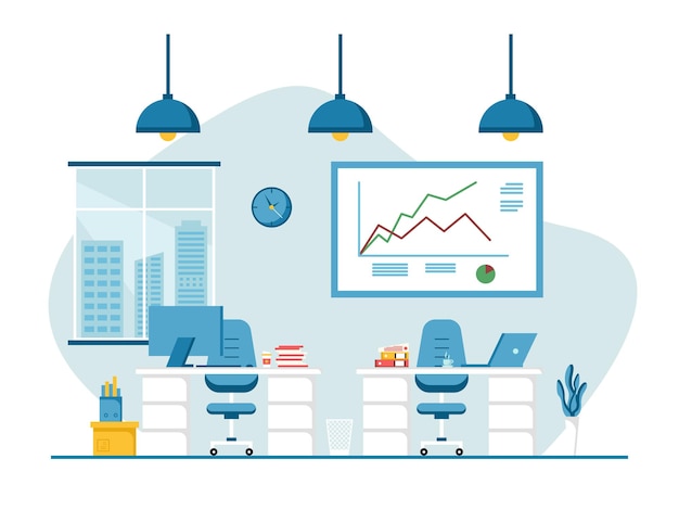 Diseño plano de lugar de trabajo y estación de trabajo, concepto de escritorio de trabajo o interior de oficina con muebles. Sala de oficina moderna con computadora, mesa y equipo. Trabajar desde casa ilustración.
