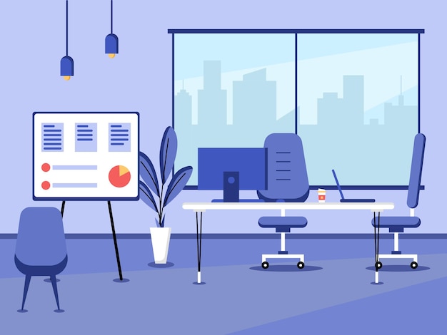 Diseño plano de lugar de trabajo y estación de trabajo Concepto de escritorio de trabajo o interior de oficina con muebles Sala de oficina moderna con silla de mesa de escritorio de computadora y equipo estacionario