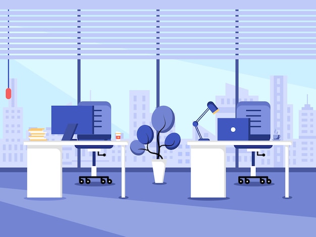 Diseño plano de lugar de trabajo y estación de trabajo concepto de escritorio de trabajo o interior de oficina con muebles sala de oficina moderna con silla de mesa de escritorio de computadora y equipo estacionario