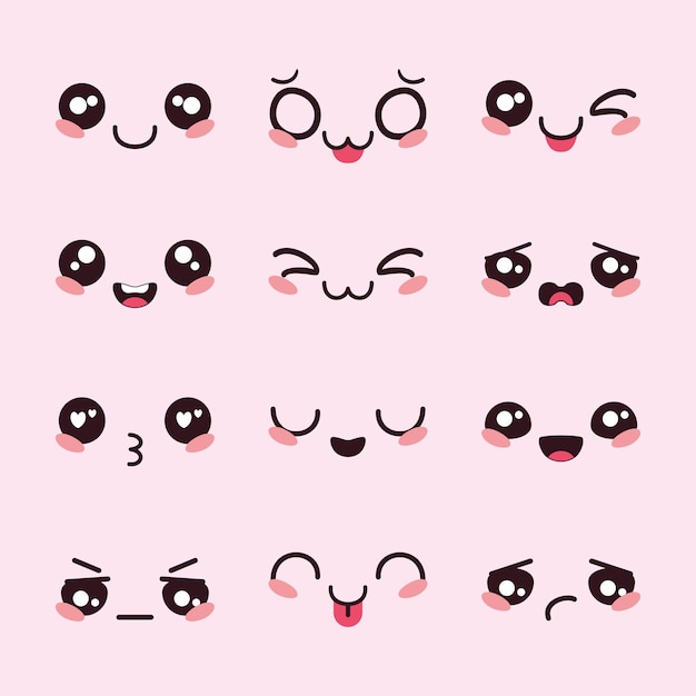 Vector diseño plano de mano vectorial dibujado expresiones faciales kawaii