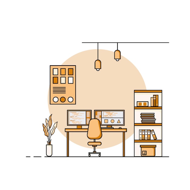 Diseño plano de la mesa de trabajo, concepto de interior de escritorio con muebles. Sala de trabajo con computadora, escritorio, mesa, silla, libro y equipo estacionario. Trabajar desde casa ilustración de dibujos animados.