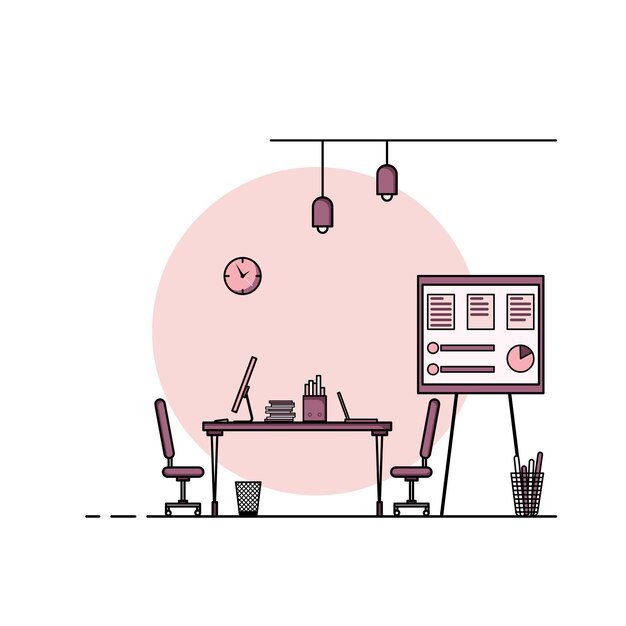 Diseño plano de la mesa de trabajo, concepto de interior de escritorio con muebles. Sala de trabajo con computadora, escritorio, mesa, silla, libro y equipo estacionario. Trabajar desde casa ilustración de dibujos animados.