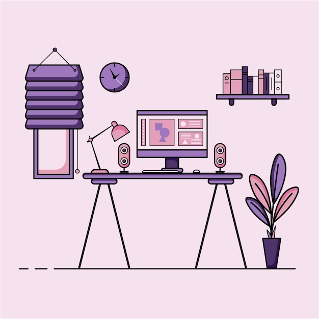 Diseño plano de la mesa de trabajo Concepto de interior del escritorio de trabajo con muebles Sala de trabajo con computadora mesa de escritorio silla libro y equipo estacionario Trabajar desde casa de dibujos animados