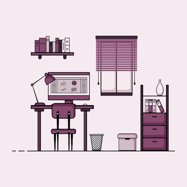 Diseño plano de la mesa de trabajo concepto de interior del escritorio de trabajo con muebles sala de trabajo con computadora mesa de escritorio silla libro y equipo estacionario trabajar desde casa de dibujos animados