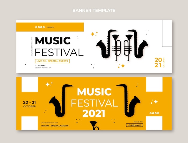 Diseño plano minimalista de banners de festivales de música horizontales.