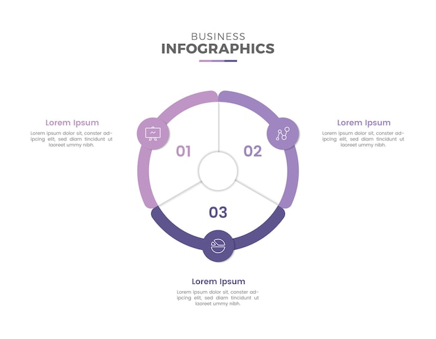 Diseño plano mínimo de plantilla de infografía empresarial circular en tres pasos