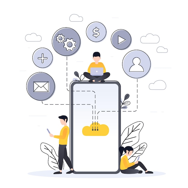 Diseño plano moderno de tecnología en la nube para banner y sitio web. Gente pequeña con smartphone. Almacenamiento de copia de seguridad de datos de archivos multimedia en línea del servicio de computación en la nube. Ilustración del concepto de vector.