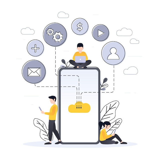 Diseño plano moderno de tecnología en la nube para banner y sitio web. gente pequeña con smartphone. almacenamiento de copia de seguridad de datos de archivos multimedia en línea del servicio de computación en la nube. ilustración del concepto de vector.