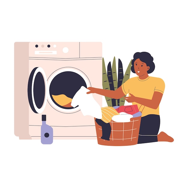 Diseño plano de una mujer lavando ropa sucia usando una máquina