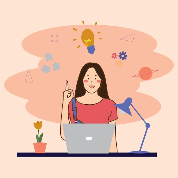 diseño plano de una mujer que trabaja con una computadora y muestra un gesto cuando tiene una idea