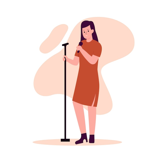 Diseño plano de mujeres cantantes cantando canciones en el micrófono.