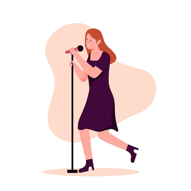 Diseño plano de mujeres cantantes cantando canciones en el micrófono.