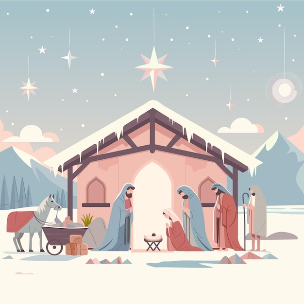 Un diseño plano y pacífico de la escena de la natividad de navidad