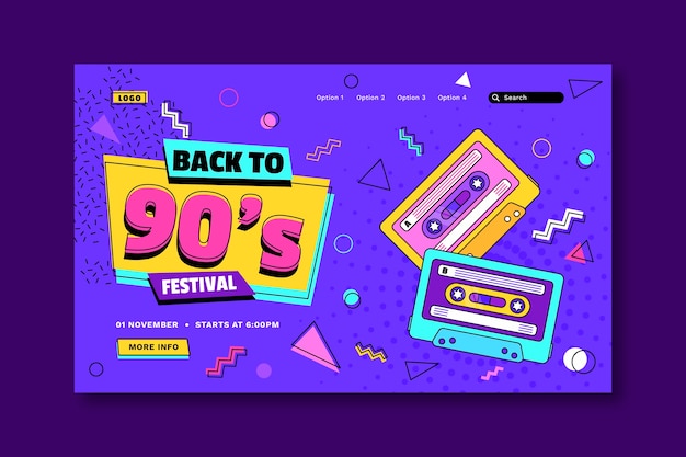 Diseño plano de la página de inicio del festival de música nostálgica de los 90