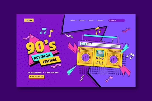 Diseño plano de la página de inicio del festival de música nostálgica de los 90