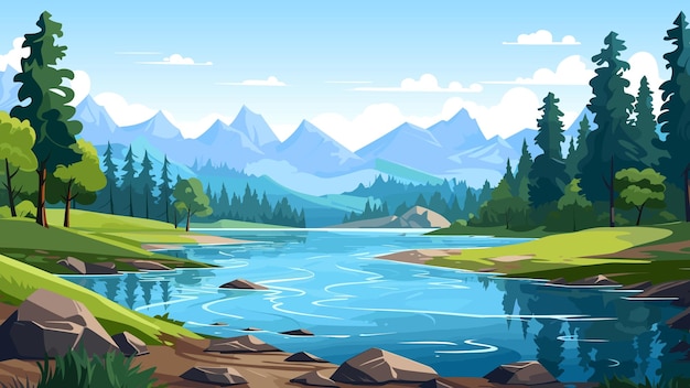 Diseño plano paisaje de lago con montañas