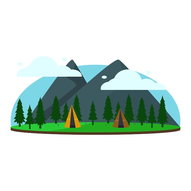 Diseño plano de paisaje natural de primavera con flores árboles montañas e ilustración vectorial de campamento
