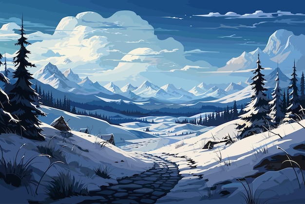 un diseño plano del paisaje nevado con árboles y montañas