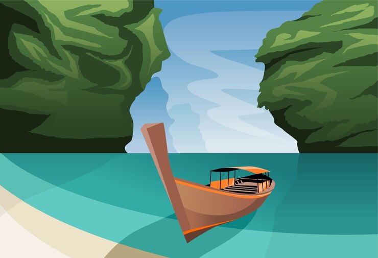 Vector diseño plano de paisajes naturales de barcos, playas y colinas.