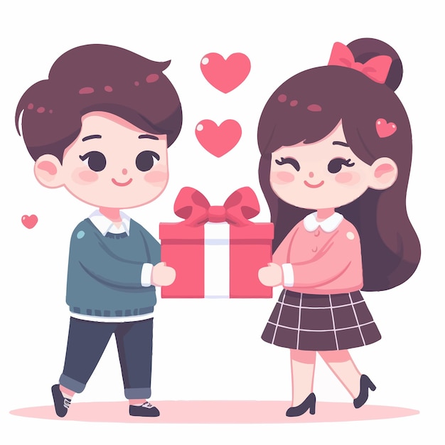 Un diseño plano de una pareja dando un regalo amor y corazón