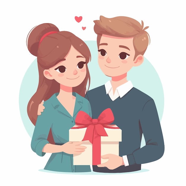 un diseño plano de una pareja dando un regalo amor y corazón