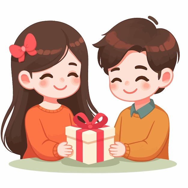 Vector un diseño plano de una pareja dando un regalo amor y corazón