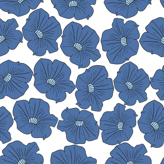 El diseño plano de la petunia azul tiene un patrón sin costuras