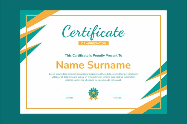 Diseño plano de plantilla de certificado moderno. Diseño de plantilla de certificado amarillo verde