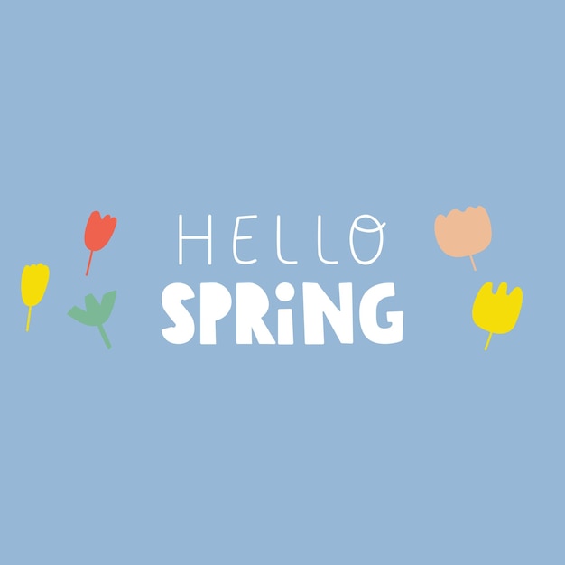Diseño plano de primavera de la frase "Hola" Banner horizontal con ilustración vectorial dibujada a mano